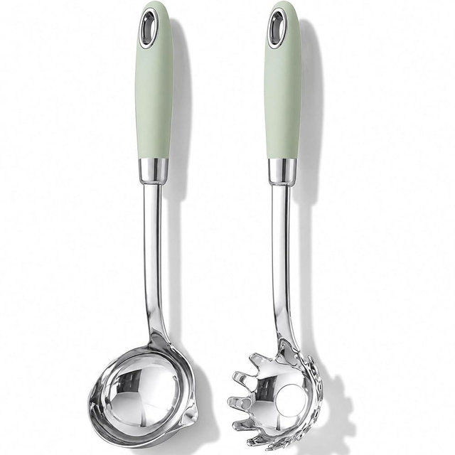 Stainless Steel Ladle & Pasta Server Set,13.4" Heat Resistant Kitchen Utensils with Ergonomic Non-Slip Handle,304 Stainless Steel Soup Ladle and Spaghetti Spoon,Dishwasher Safe Cooking Serving Tools