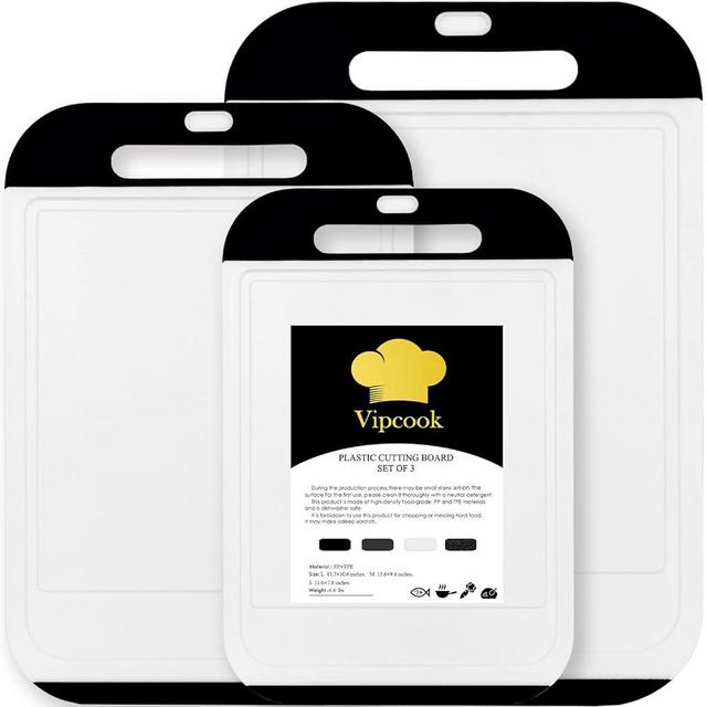 Vipcook Plastic Cutting Boards for Kitchen 3Pcs Set Larger Chopping Board Dishwasher Safe with Easy Grip Handle Juice Grooves 100% BPA Free Non-Slip Knife friendly Meat, Vegetables,Fruit (Black/White)