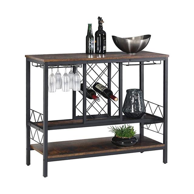 WAYTRIM Wine Rack Table with Glass Holder, Vintage Industrial Wine Bar Cabinet with Storage, Wine Storage Organizer Display Stand - Brown