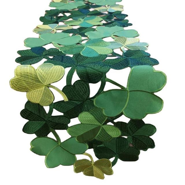 St. Patrick's Day Irish Shamrock Table Runner, Embroidered Cutouts for Family Dining Spring Party Holiday Table Decorations, Green (Clover 15" x 70")