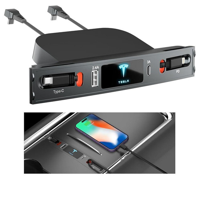 Cewpuno Tesla USB Hub for 2021 2022 Tesla Model 3 Model Y, Retractable Hub Docking Station with Fast Charging Cable Multi Port,Tesla Accessories Docking Station of Center Console for Model 3/Y