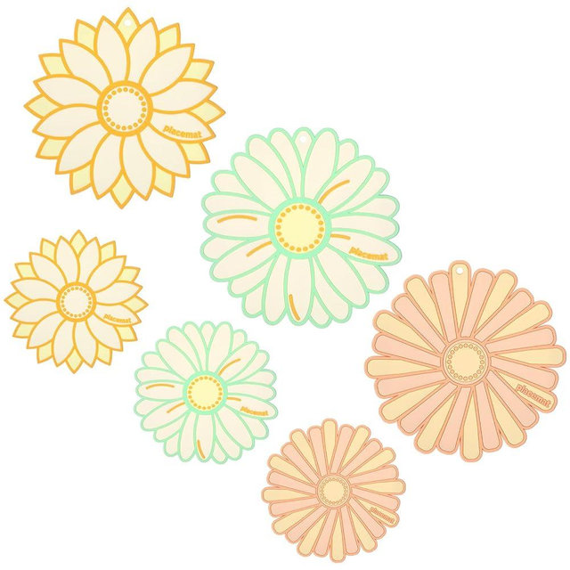 Yiyiring 6 Pack PVC Trivet Mats 6 Inch & 3.5 Inch Kitchen Daisy Hot Pads Nonslip Insulated Coasters for Hot Pot Dishes Pans Mugs Floral Pot Holders for Countertops Table Decoration
