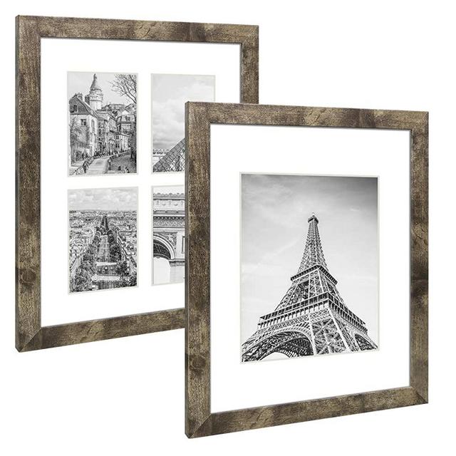 Hap Tim 11x14 Picture Frame Set of 2,Each Carbonized Black Wood Pattern Frame with 2 Mats,Display 8x10 or Four 4x6 Photos with Mat ,11x14 Picture Without Mat for Wall Display(CWH007-11x14-CB)