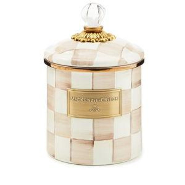 MACKENZIE-CHILDS Small Enamel Canister, Kitchen Storage Container with Lid, Brown-and-White Mocha Check