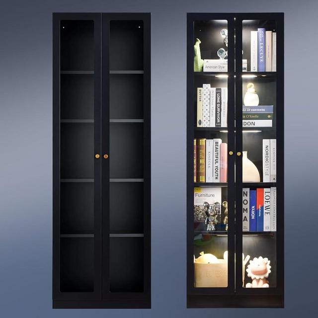 Alvisyd 5 Tier Metal Curio Cabinets, Modern Bookshelf Cabinet with 4 Adjustable Shelves, Cabinet Display Case for Home Office, Living Room, Pantry (Black)