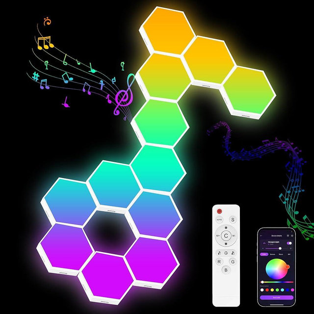 Hervika 12 Pack DIY Hexagon LED Lights, Music Sync RGB Gaming Lights with APP Smart Wall Lights for Bedroom Living Room Decor