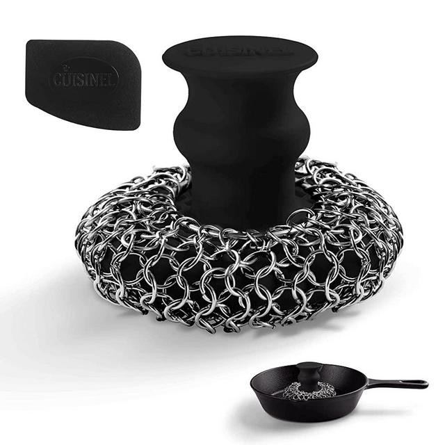 Cast Iron Chainmail Scrubber + Pan Scraper - Deluxe Ergonomic Stainless and Silicone Cleaner for Pots and Skillets - Food-Safe Design - Easy to Clean Dishwasher Safe Cookware Sponge Kitchen Accessory