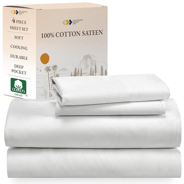 California Design Den Soft 100% Cotton Sateen Sheets with Deep Pocket, 4 Piece King Sheet Set with Sateen Weave, Cooling Sheets - Ivory