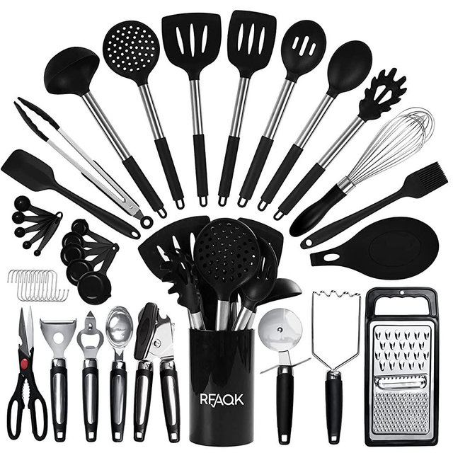 Kitchen Utensils Set with Holder, RFAQK 40PCs Silicone Cooking Utensils Set for Nonstick Cookware,Kitchen Gadgets includes Can Opener,Potato smasher & Peeler,Tongs,spatulas,Pizza cutter & Much more