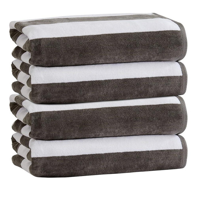 100% Cotton Velour Cabana Stripe Beach Towel Set 30" x 60" - Ultra Soft, Plush, & Highly Absorbent Towels for Pool, Beach, & Swimming. Marina Collection (4-Pack, Charcoal)