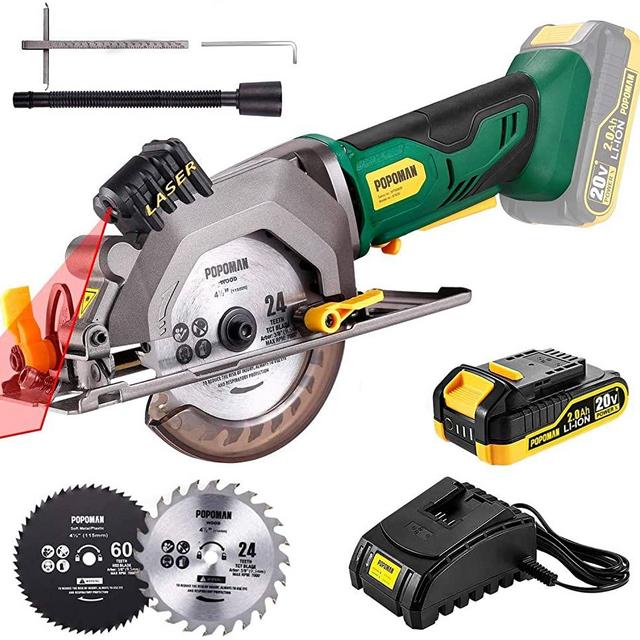POPOMAN Cordless Circular Saw, 4-1/2" Saw with Laser Guide, 20V 2.0Ah Battery, 1H Charger, 9.5" Base Plate, Max Cutting Depth 1-11/16'' (90°), 1-1/8'' (45°), Wood, Plastic and Metal Cuts - MTW80B