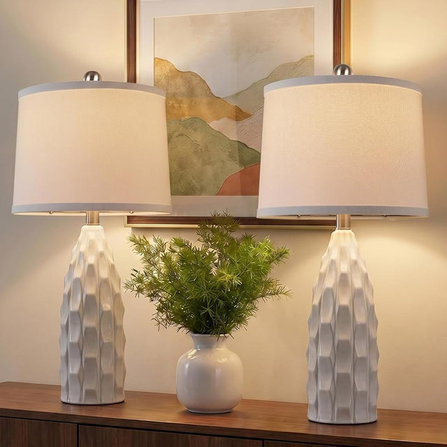 WIHTU Creamic Table lamp Set of 2, 24'' Modern Dimmable Table Lamp for Living Room, Farmhouse Nightstand Lamps with Linen Shade, White Beside Lamp for Bedroom Dorm House Decor (2 Bulbs Included)