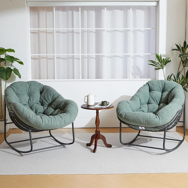 2PCS Patio Rocking Chair with Padded Cushion Indoor Outdoor Comfy Papasan Rocker Chair with Upgraded Steel Frame Oversized Rattan Egg-Shaped Lounge Chair for Front Porch, Garden, Bedroom,Green