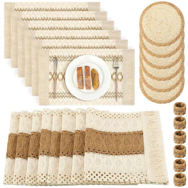 Xuhal 19 Pcs Boho Table Runner Placemat and Napkin Ring Set Woven Macrame Table Runner with Tassels 11.8 x 106.3 Inch Burlap Round and Rectangle Table Mat for Farmhouse Wedding Dining Table Decoration