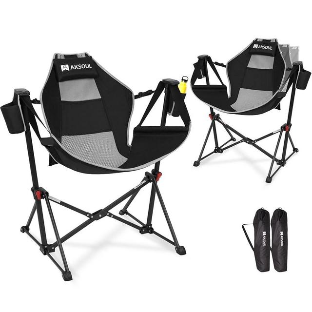 AKSOUL Hammock Camping Chair Swinging: Aluminum Alloy Adjustable Back Swinging Chair, Folding Rocking Chair with Pillow Cup Holder, Recliner for Outdoor Travel Sports Games Lawn Concerts Backyard