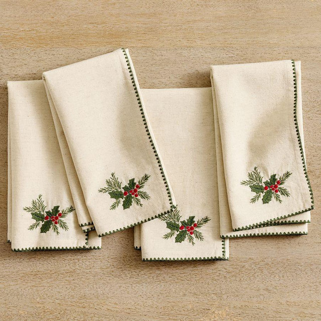 Holly Embroidered Cotton/Linen Napkins, Set of 4 - Flax