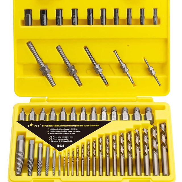 Topec 55-Piece Screw Extractor & Broken Bolt Extractors, Multi-spline Extractors, and Drill Bits for Removing Damaged, Frozen, Rusted, Rounded-Off Bolts & Screws