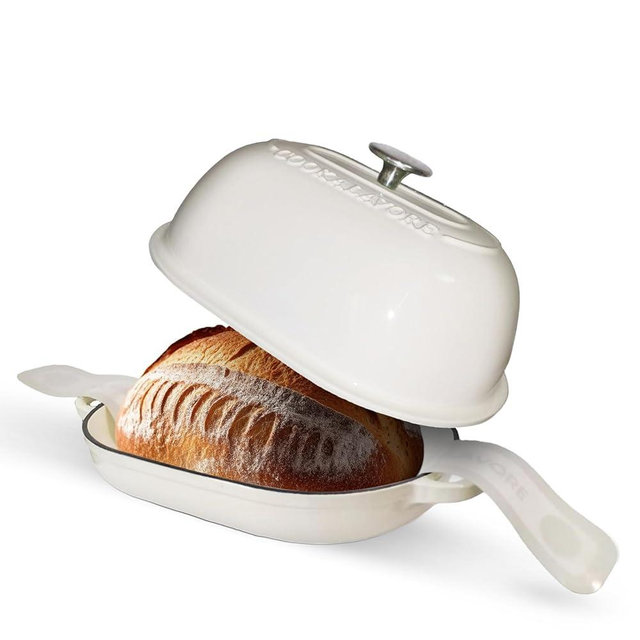 Cast Iron Bread Oven,6 QT Bread Oven,Thick Enameled Loaf Pan with Lid,Bread Pans for Homemade Bread,14.5"Dutch Oven for Bread Baking,Dutch Oven-with Silicone Baking Mat&Recipe,Gifts for Family,White