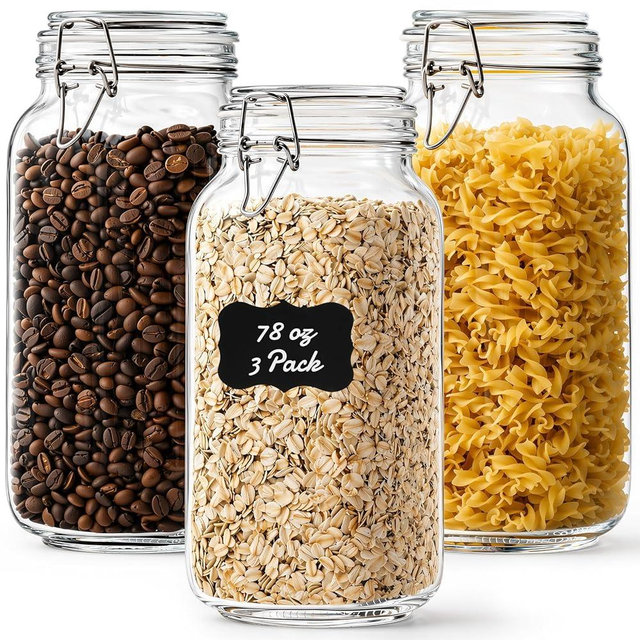 OneDream 78oz Glass Jars with Airtight Lid, 3 Pack Large Glass Storage Jars, Square Canisters for Pantry, Wide Mouth Glass Food Storage Containers for Flour, Sugar, Cereal, Pasta