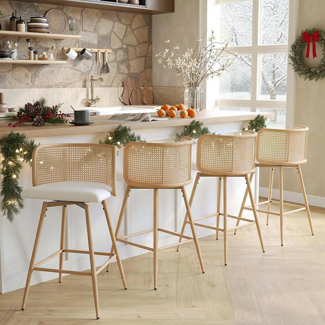 TYBOATLE Swivel Rattan Bar Stools Set of 4, 26” Counter Height Stools with Natural Rattan Woven Back and Faux Leather Seat, Mid-Century Modern Island Chairs Barstools for Kitchen, White