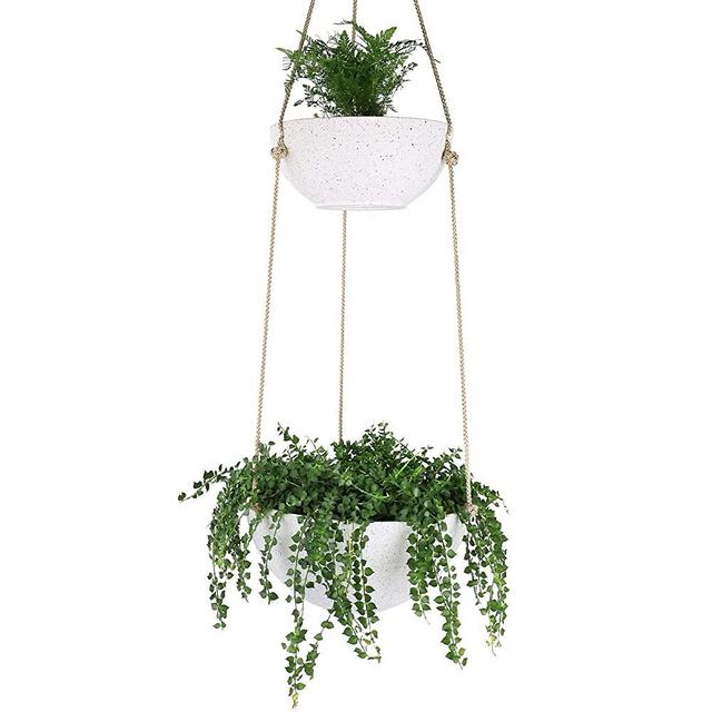 LA JOLIE MUSE Hanging Planters for Indoor & Outdoor Plants - Modern Flower Pots with Rope, Garden Planters with Drain Holes, Speckled White, Set of 2