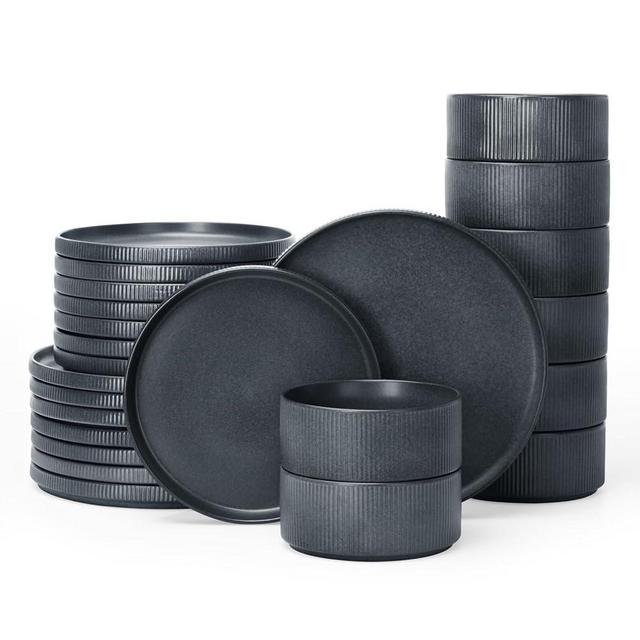 Famiware Star Dinnerware Sets, Plates and Bowls Set for 8, 24 Piece Dish Set, Full Glaze Matte Dark Charcoal
