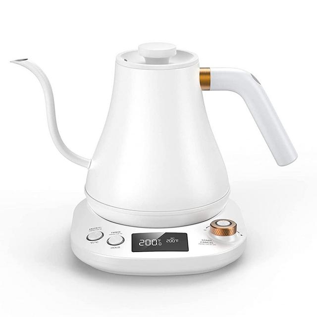 Gooseneck Kettle Temperature Control, Pour Over Electric Kettle for Coffee and Tea, 100% Stainless Steel Inner, 1200W Rapid Heating, 0.8L, Built-in Stopwatch, Matt White