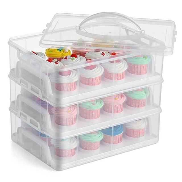 FEOOWV 3 Tier Cupcake Carrier with Lid, Holds 36 Cupcakes or 3 Large Cakes Food Transporter Container with 3 Tier Stackable Layer Insert(3 Tier Cupcake-Clear)