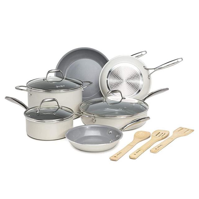 Goodful Ceramic Cookware Set with Titanium-Reinforced Non-Stick Coating, Dishwasher Safe, Tempered Glass Steam Vented Lids, Stainless Steel Handles, Cream