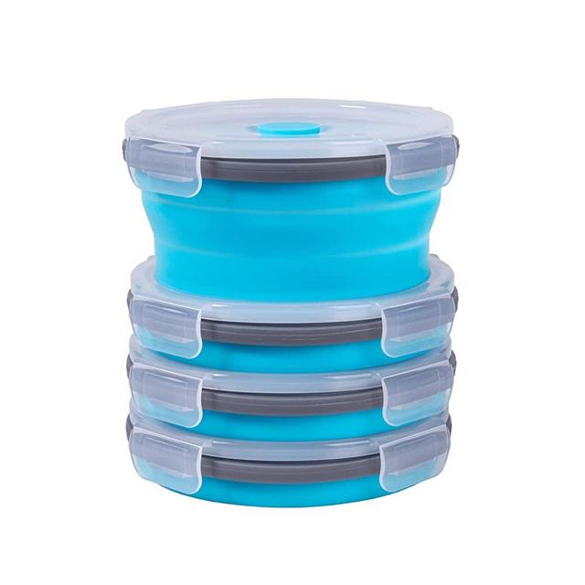 Collapsible Food Storage Containers with Airtight Lid & Air Vent, Kitchen Stacking Silicone Collapsible Meal Prep Container Set for Leftover, Microwave Freezer Dishwasher Safe, Blue Round, Set of 4, 16.9 oz
