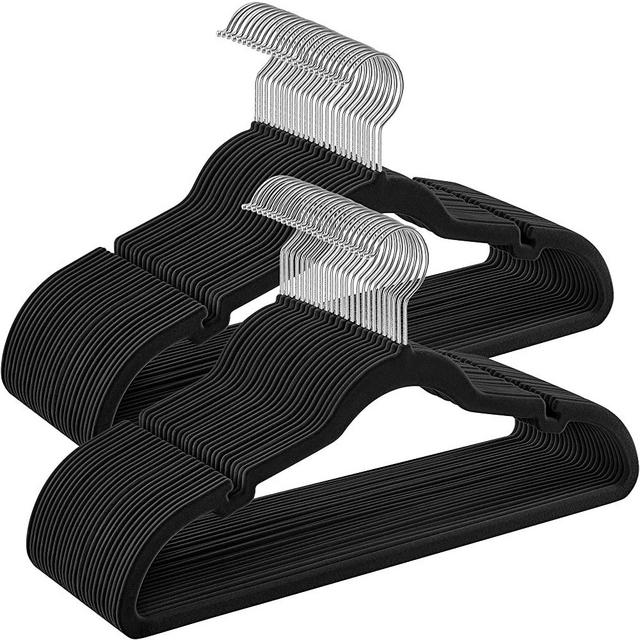 SONGMICS Coat Hangers, 50 Pack Velvet Hangers, Non-Slip Clothes Hangers, with Shoulder Notches, Trouser Bar, 360° Swivel Hook, Space-Saving, 16.9-Inch Long, for Closet, Black UCRF029B05