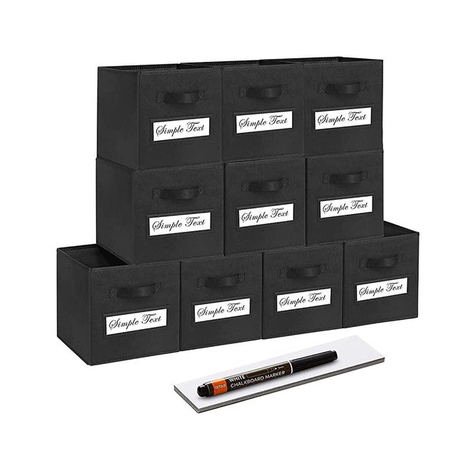 artsdi Set of 10 Storage Cubes, Foldable Fabric Cube Storage Bins with 10 Labels Window Cards & a Pen, Collapsible Cloth Baskets Containers for Shelves, Closet Organizers Box for Home & Office,Black