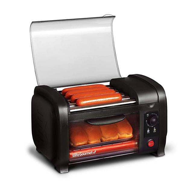 Elite Gourmet EHD-051B Hot Dog Toaster Oven, 30-Min Timer, Stainless Steel Heat Rollers Bake & Crumb Tray, World Series Baseball, 4 Bun Capacity, Black