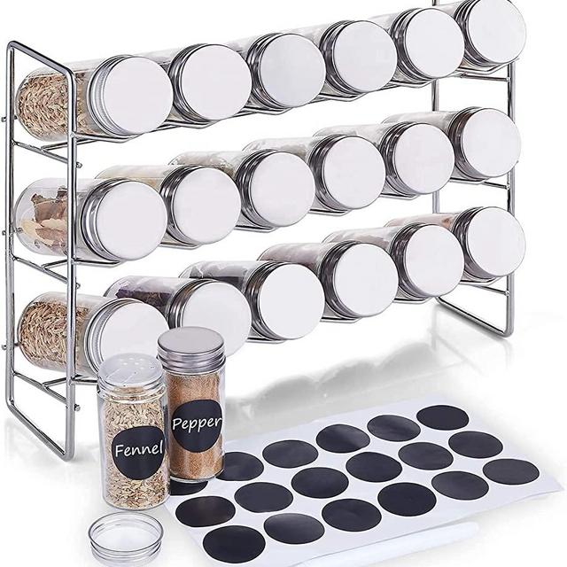 defway Spice Rack Organizer for Cabinet - 3 Tier Free Standing Spice Rack with 18 Jars and 36 Rewritable Labels, Silver