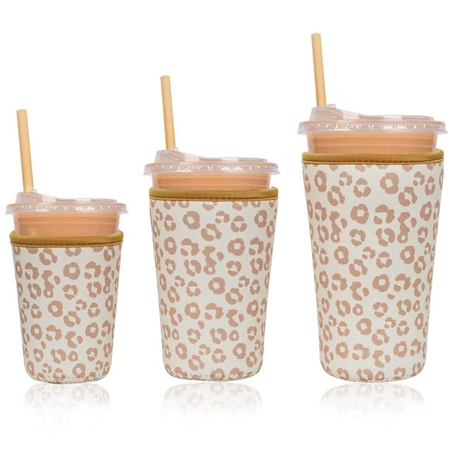 Reusable Insulated Neoprene Iced Coffee Cup Sleeve, Durable Drink Sleeve for Cold Beverages, Beverage Holder for Iced Coffee, Leopard Grace