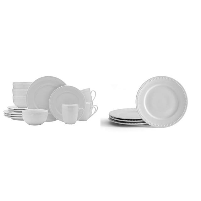 Everyday White by Fitz and Floyd 5278053 Beaded 16 Piece Dinnerware Set, Service for 4 & Beaded 8.5 Inch Salad Plates, Set of 4