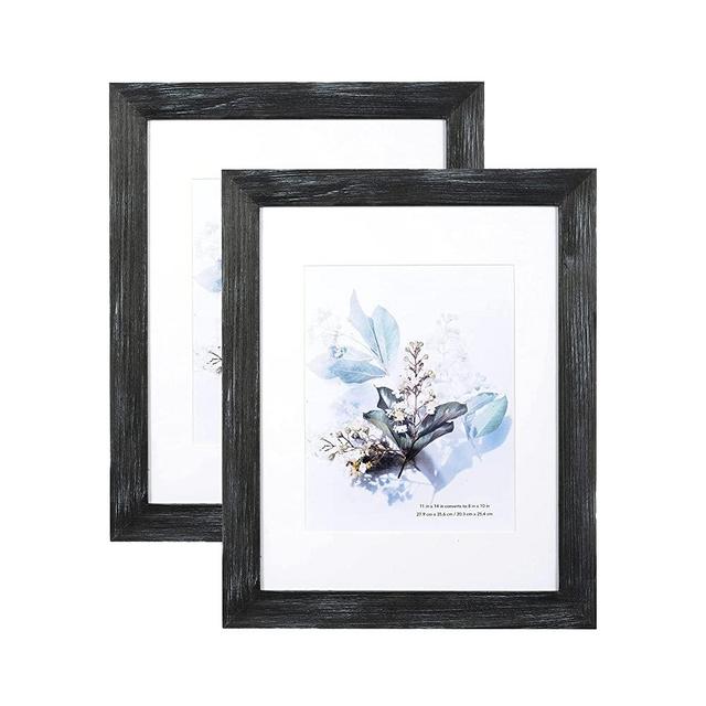 KAIWIN 100% Solid Wood Black 11x14 Picture Frame 2 Pack Display Picture 8x10 with Mat, HD Glass Inside, Rustic Wooden Photo Frames for Wall Mounting