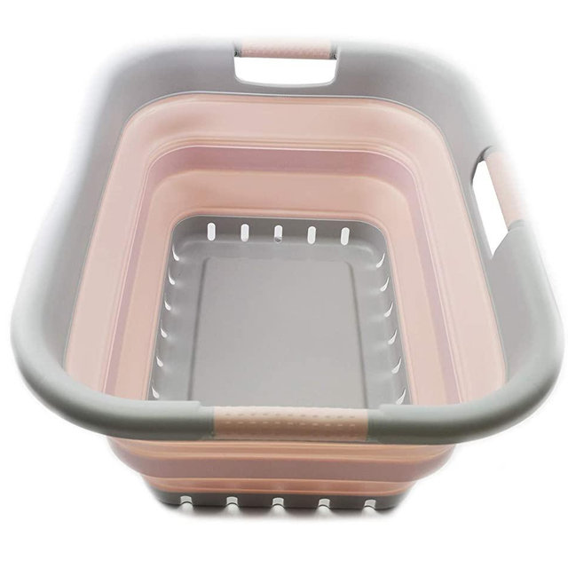 SAMMART 41L Collapsible Plastic Laundry Basket - Foldable Pop Up Storage Container/Organizer - Portable Washing Tub - Space Saving Hamper/Basket (3 Handled Rectangular, Grey/Pink)