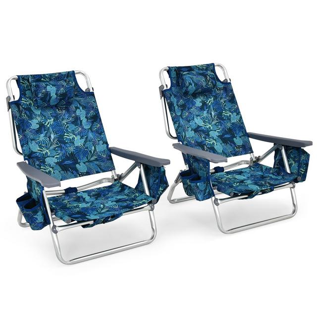 Tangkula 2 Pack of Folding Beach Chair Portable Backpacking Chair with Cup Holder Headrest Storage Bag for Outdoor Dark Blue