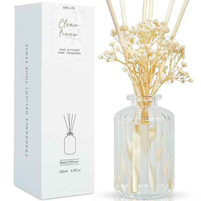 Auelife Reed Diffuser Set, 6.4 oz Clean Linen Scented Diffuser with Sticks Preserved Real Flower Reed Diffuser Home Fragrance Essential Oil Reed Diffuser for Bathroom Shelf Decor.