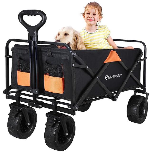 Folding Beach Wagon Cart Collapsible Garden Carts Heavy Duty Utility Foldable 300LBS Weight Capacity Grocery Outdoor Carts with Big All-Terrain Wheels & Drink Holders for Sand Travel Use, Black