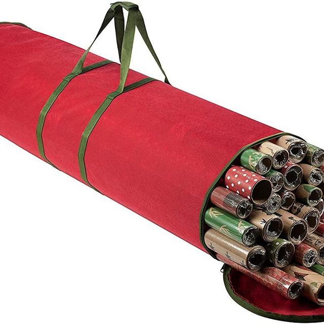 Christmas Wrapping Paper Storage Bag - Fits 14 to 20 Rolls Up to 40"- Slim Design for Underbed Wrapping Paper Storage Container or Closet Storage Gift Wrap Organizer Durable Breathable Fabric (Red)