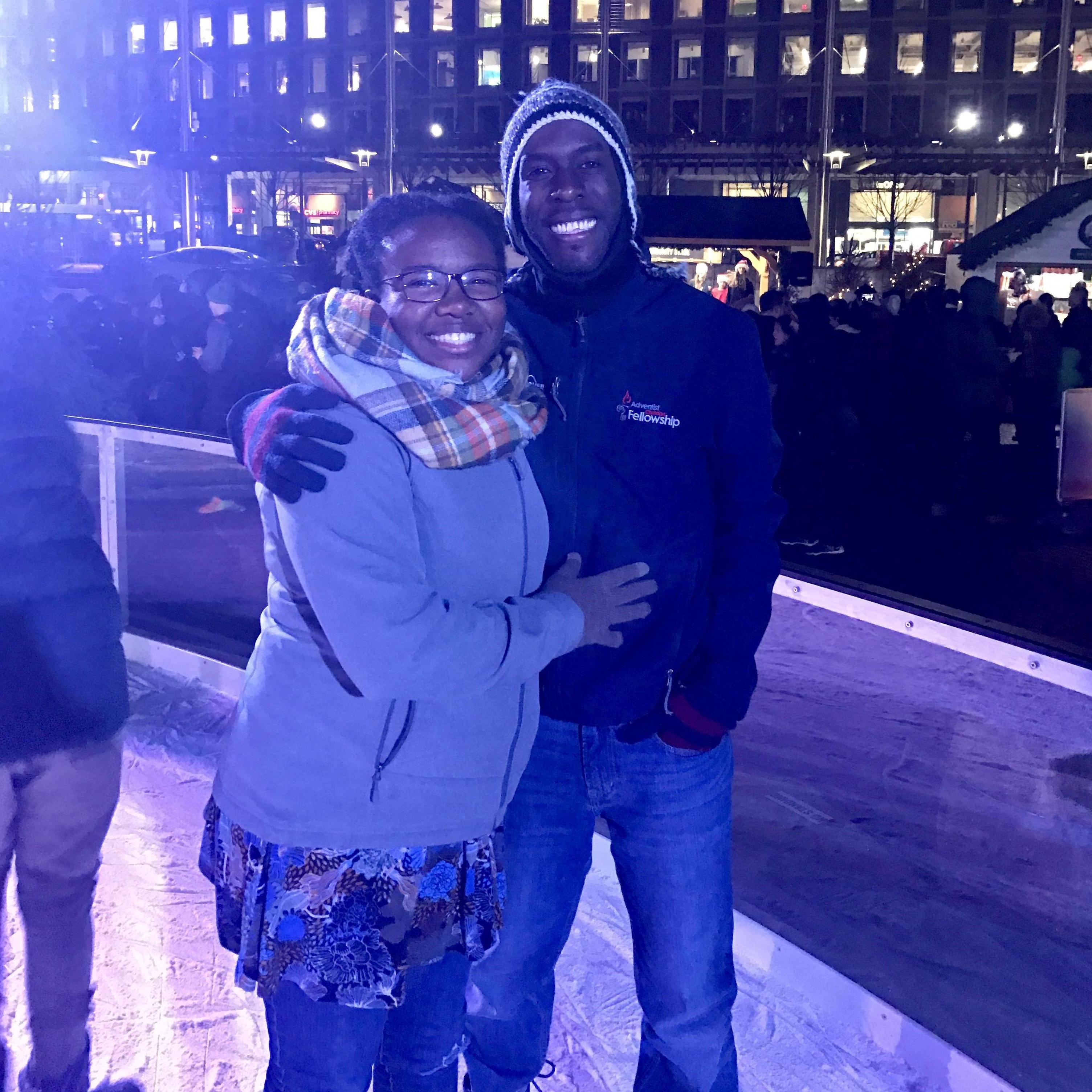Ice skating together for the 1st time.