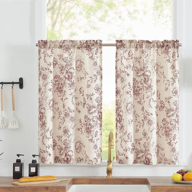 jinchan Floral Linen Tier Curtains Floral Brick Red on Beige Cafe Curtains 36 Inch Length Kitchen Living Room Bedroom Bathroom Farmhouse Rustic Country Rod Pocket 2 Panels