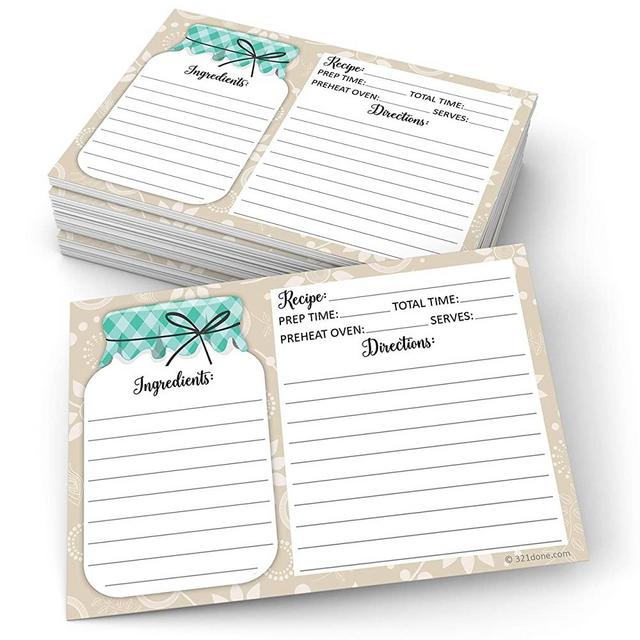 321Done Mason Jar Recipe Cards (Set of 50) Rustic 4" x 6" Double-Sided Premium Card Stock - Made in USA - Rustic Green and Tan, Large Notes From