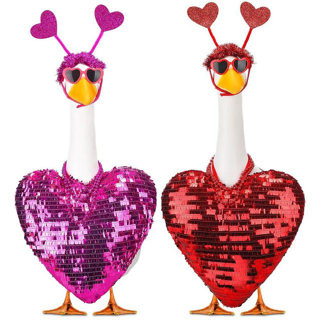 Abbylike 2 Sets Valentine's Day Porch Goose Outfits Love Heart Yard Goose Clothes Costume Fits Large 23'' Cement for Garden Yard Statue Pathway Decorations