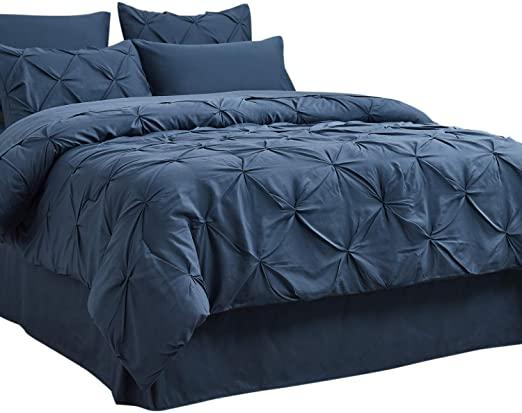 Bedsure Comforter Set Full/Queen Bed in A Bag Navy 8 Pieces - 1 Pinch Pleat Comforter(88x88 inches), 2 Pillow Shams, 1 Flat Sheet, 1 Fitted Sheet, 1 Bed Skirt, 2 Pillowcases