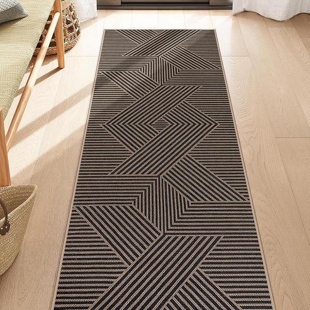 Lahome Modern Geometric Runner Rug, 2x6 Washable Rug Runners for Hallways Non Slip, Black Outdoor Carpet with Rubber Backing, Farmhouse Non Shedding Kitchen Mats for Floor Entryway