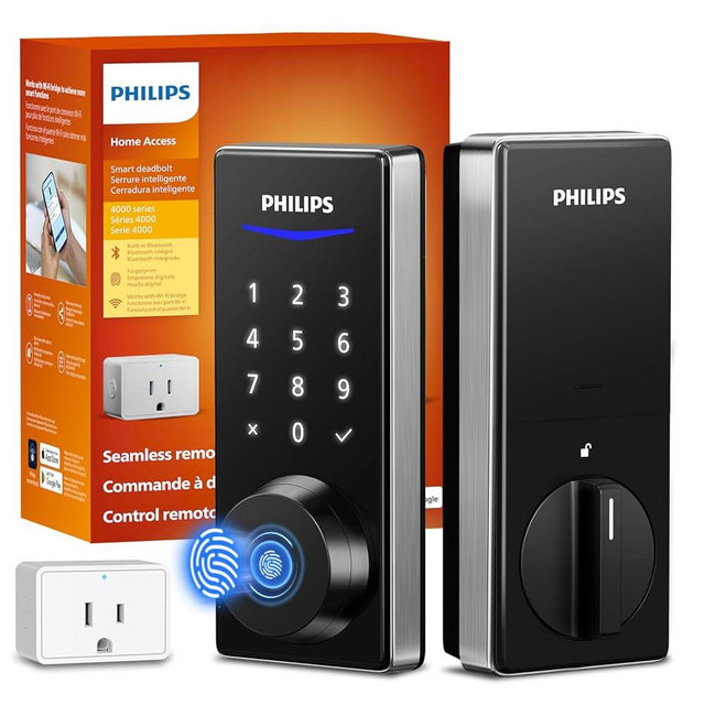 Philips Wi-Fi Smart Door Lock, Keyless Entry Door Lock with App Control,Fingerprint ID,Auto Lock,Keypad Deadbolt with Wi-Fi Bridge Adaptor,Smart Locks for Front Door-Satin Nickel