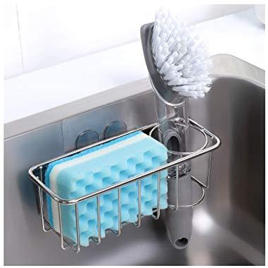 Adhesive Sponge Holder + Brush Holder, 2-in-1 Sink Caddy, SUS304 Stainless Steel Rust Proof Water Proof, No Drilling